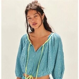 Free est by Free People Blue Green Plaid Textured Balloon Sleeve Cropped Top XS
